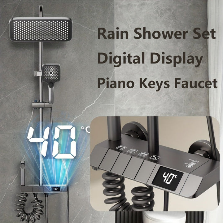 1 Juego de Ducha Termostática, Juego de Grifos de Ducha Digital, Cabeza de Ducha de Lluvia | Grifo de Ducha de Teclas de Piano, Juego de Mezclador de Ducha de Baño con Cabeza de Ducha de Lluvia, Espouta de Bañera, Ducha de Mano y Espray de Bidet, Montaje