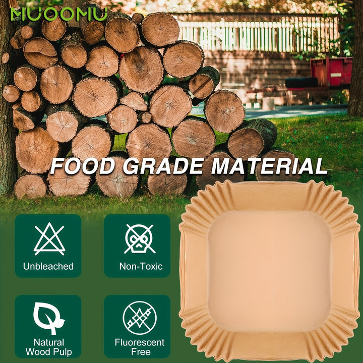 MUOOMU 50/100/150/200 piezas de papel para horno de aire frito cuadrado, papel desechable para hornear, suministros de cocina para el hogar, 5,00 mm de espesor, resistente al agua, papel de pergamino perforado para cocinar de manera saludable, hornear y