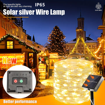 Luces solares de hilo plateado - Decoración exterior para patio, jardín, carpa, bar, restaurante, árbol, RV, 8 modos de iluminación, ideal para Halloween, Navidad, bodas y fiestas, luces colgantes solares de 7/12/22/32 metros