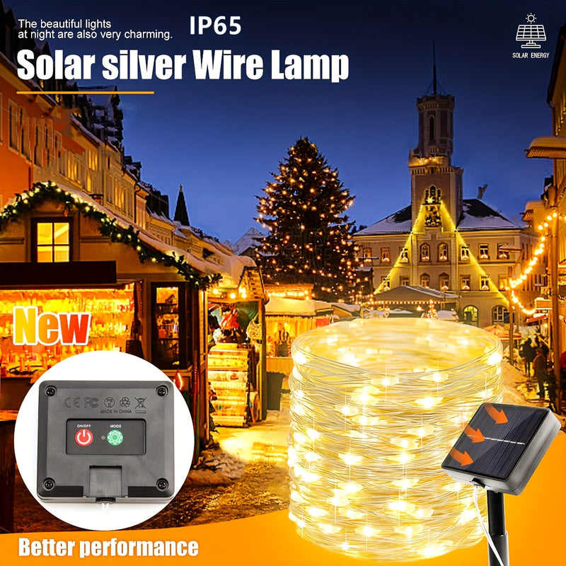 Luces solares de hilo plateado - Decoración exterior para patio, jardín, carpa, bar, restaurante, árbol, RV, 8 modos de iluminación, ideal para Halloween, Navidad, bodas y fiestas, luces colgantes solares de 7/12/22/32 metros