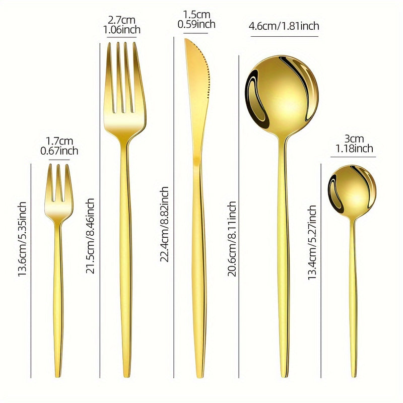 30 piezas de cubertería de acero inoxidable dorado - Cubertería elegante para fiestas, bodas, cumpleaños, cocina, hotel - Incluye cuchillos, tenedores, cucharas, cucharas de postre - Ideal para Navidad, Halloween, Pascua, Acción de Gracias, Graduación