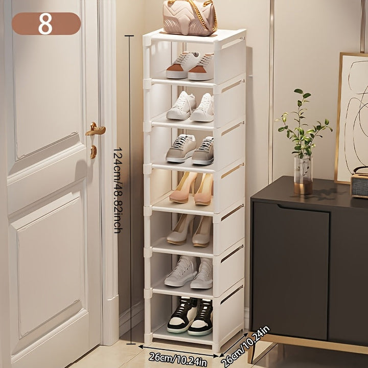 Organizador de zapatos blanco de varios niveles, diseño vertical ahorrador de espacio, compartimientos abiertos, fácil de armar, ideal para entrada, sala, habitación o cocina, estante blanco moderno, barras de soporte metálicas, práctico y funcional
