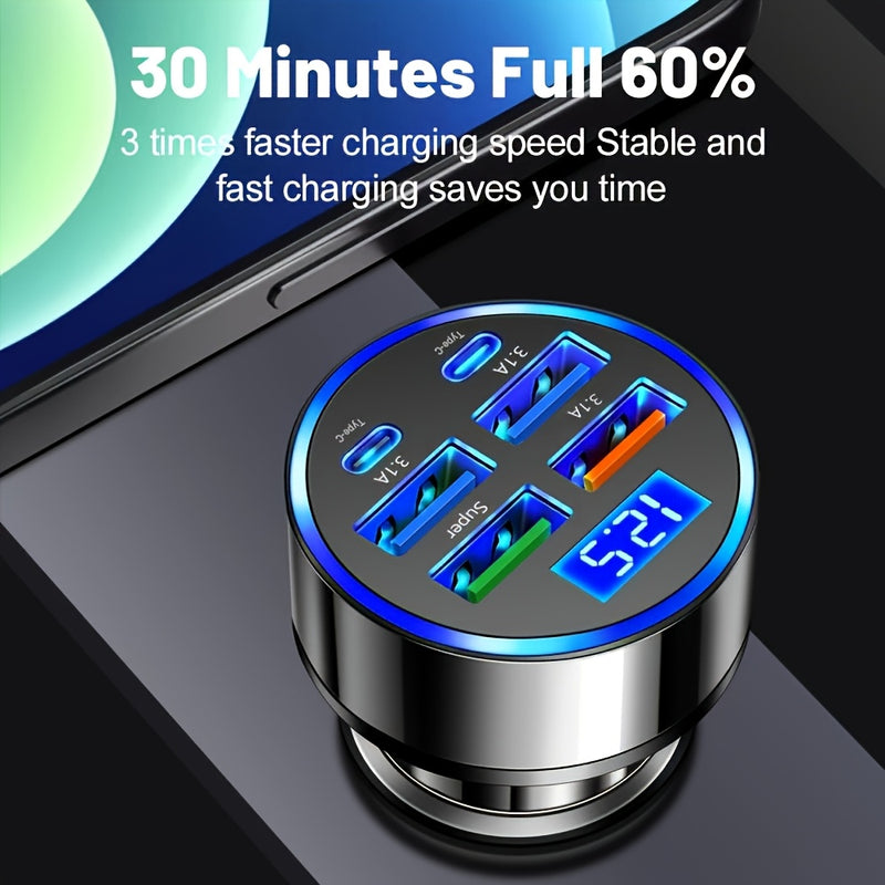 Cargador rápido para auto Datangwin, 6 en 1 con USB-C, doble PD y QC3.0, 4 puertos USB, pantalla de voltaje - Compatible con iPhone, Samsung, Huawei, Xiaomi - Acabado mate, cargador portátil, sin batería
