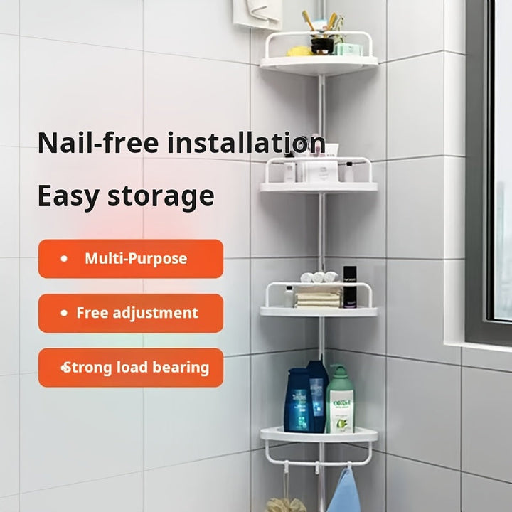 Estantería Retráctil de 4 Niveles para Esquina del Baño, Estante de Ducha con Bandeja Ajustable y Barra Giratoria para Toallas, Fácil Instalación Sin Taladrar, Organizador Montado en Pared para Accesorios y Suministros de Baño, Caddy de Ducha