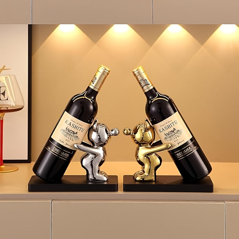 Elegante juego de soportes de botellas de vino dorado y plateado - Diseño de estatua de resina encantadora para sala de estar, entrada o decoración de cocina, regalo perfecto para mudarse, decoración de vino