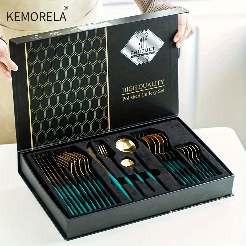 KEMORELA 24 piezas de colección de utensilios de acero inoxidable, incluyendo cuchillo, tenedor y cuchara, juego de cubiertos de cocina de primera calidad, apto para lavavajillas.