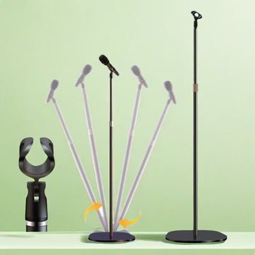 Soporte de micrófono ajustable para voces, discursos y presentaciones, con modificaciones de altura y ángulo.