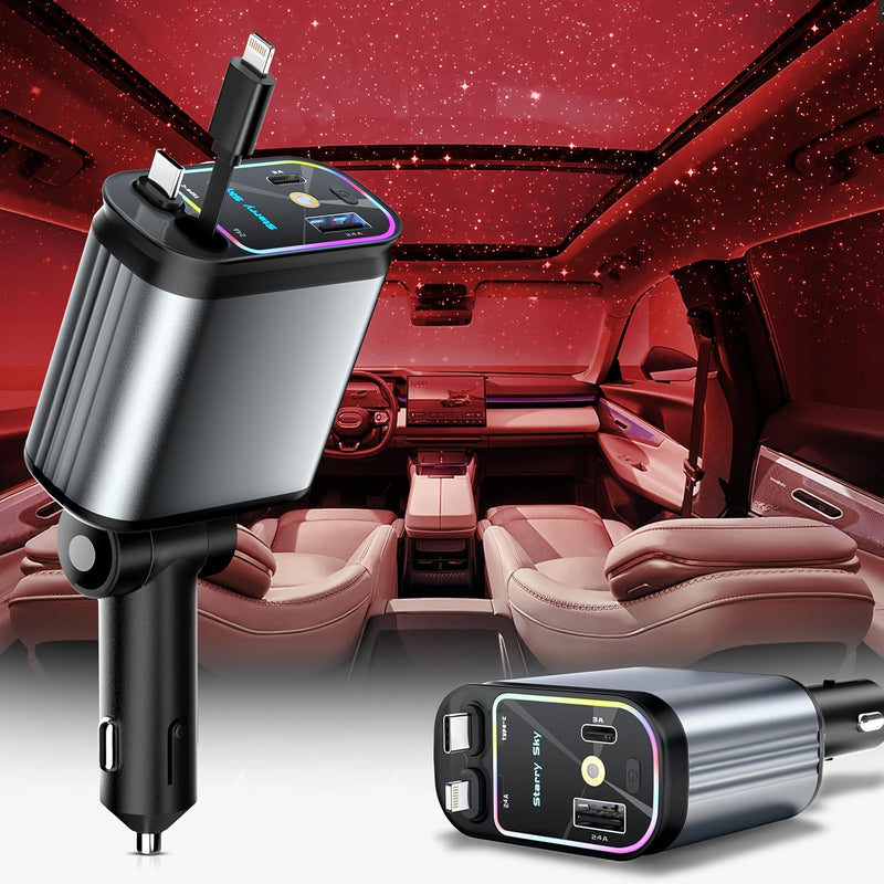 Cargador de auto extensible SAN.COMO con 4 en 1, luz ambiental de techo de 66W, cable retráctil de 80.01 cm, 2 puertos USB, carga rápida USB-C, ajuste de dirección libre de 180°, diseño antienredos, compatible con múltiples modelos de teléfonos, universa