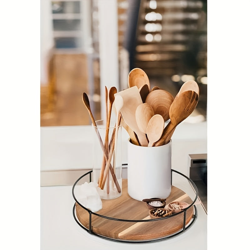 Elegante bandeja de cocina de madera de 3 niveles con base giratoria de metal - Ideal para especias, condimentos y decoración | Madera compuesta duradera, perfecta para uso doméstico | Esenciales de cocina elegantes, vajilla decorativa