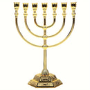 Menorah de 7 ramas tradicional de Hanukkah, candelabro de metal estilo templo dorado para decoración religiosa y festiva en el hogar, 1 pieza