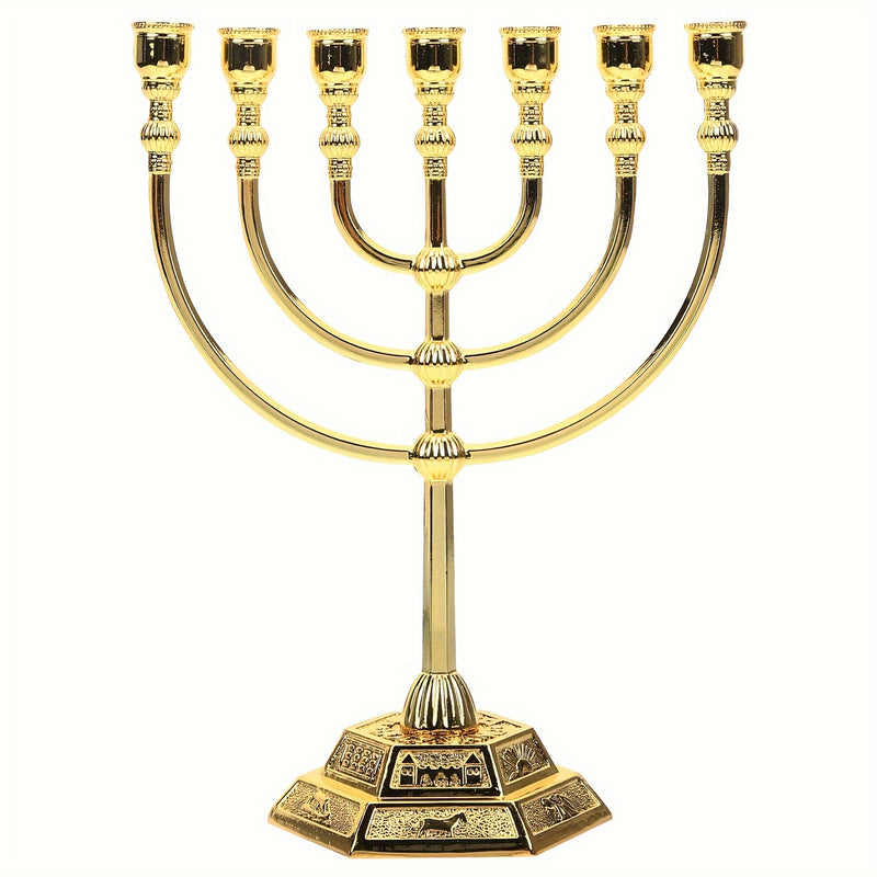 Menorah de 7 ramas tradicional de Hanukkah, candelabro de metal estilo templo dorado para decoración religiosa y festiva en el hogar, 1 pieza