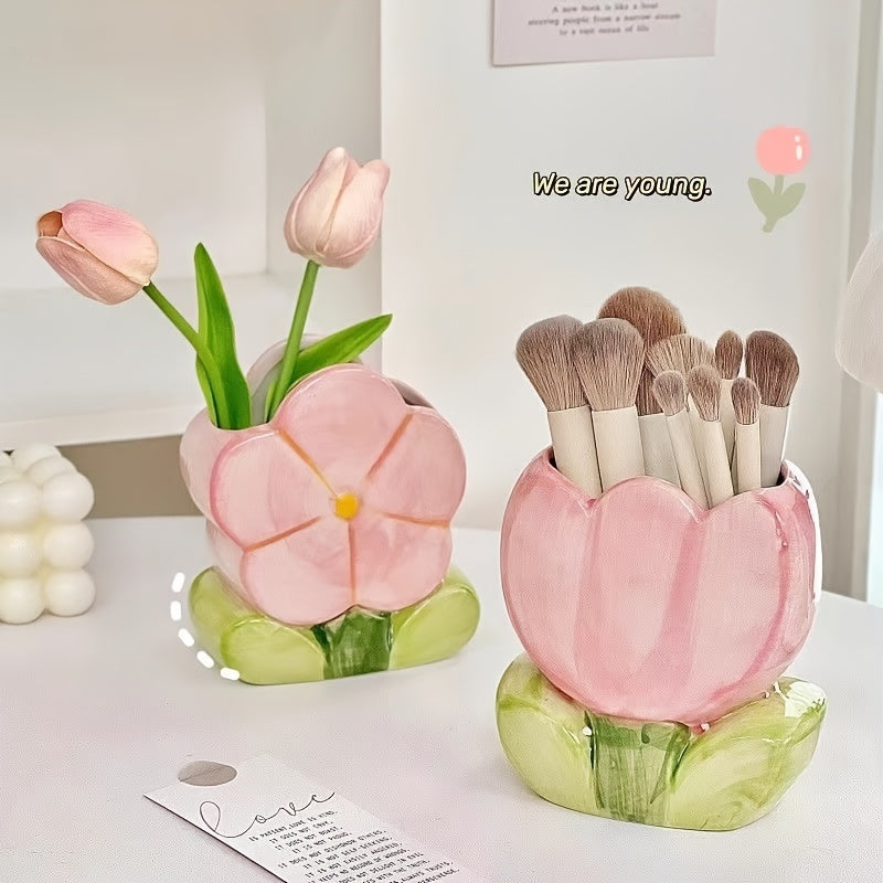 Soporte de cepillo de maquillaje floral, taza de lápiz de escritorio, accesorio de almacenamiento decorativo para oficina y dormitorio, no necesita electricidad, regalo único para Halloween y Navidad (1 pieza)