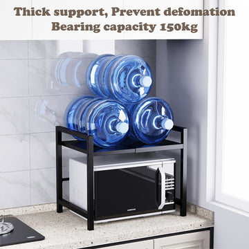 Estante expandible para microondas con 6 ganchos, repisa retráctil negra de metal con ganchos, soporte ajustable para panera y ollas, organizador de cocina para tostadora