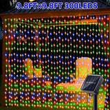 Luces solares para cortinas de 200/300 LED, 8 modos de iluminación, decoración de alambre de cobre para Navidad, bodas, hogar y jardín, exterior 298.7 cm x 298.7 cm