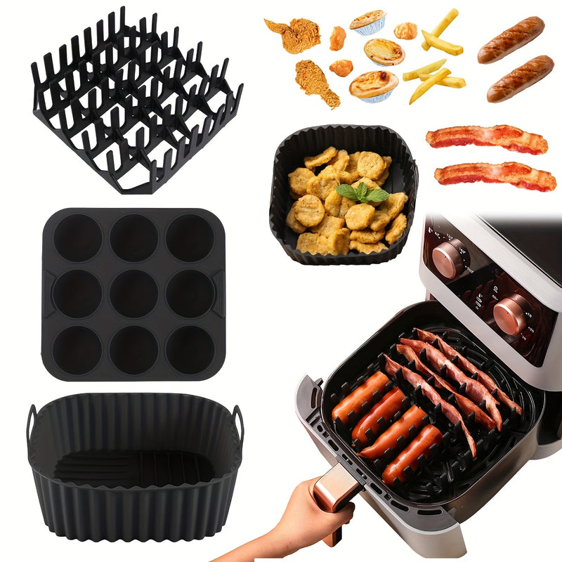 3 Piezas de Revestimientos Reutilizables para Freidora de Aire WHZWYK - Resistentes al Calor, Fáciles de Limpiar y Seguros para Alimentos, Accesorios Antiadherentes para Cestas de 6-8QT, Herramientas Flexibles para Cocina Saludable, Material Termoresiste