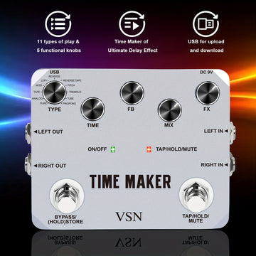 Pedal de retardo VSN Pedal de retardo de guitarra Time Maker 11 tipos de pedales de retardo definitivos Pedal de efecto de bajo con Tap Tempo True Bypass