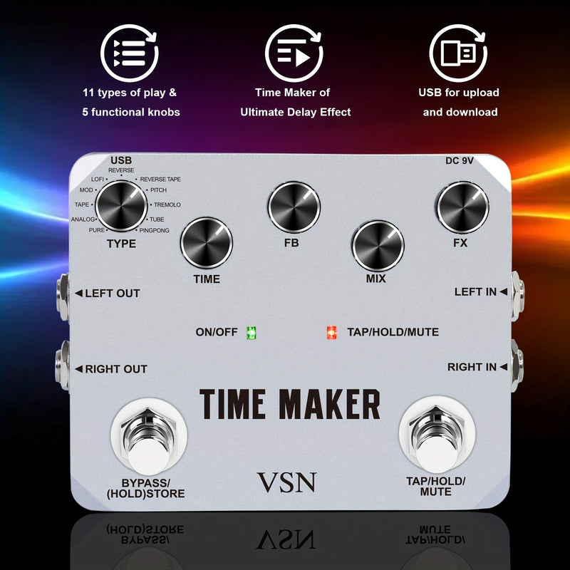 Pedal de retardo VSN Pedal de retardo de guitarra Time Maker 11 tipos de pedales de retardo definitivos Pedal de efecto de bajo con Tap Tempo True Bypass