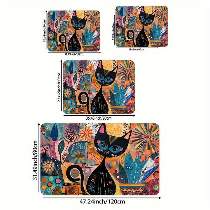 Alfombra de Entrada Decorativa de Arte Abstracto de Gato Lavable a Máquina - Revestimiento de PVC Antideslizante, Poliéster, Alfombra Rectangular para Baño, Cocina, Sala de Estar, Dormitorio
