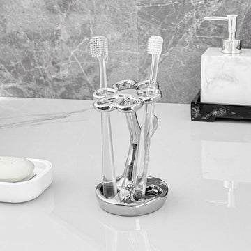 Portacepillos de dientes para baño, contenedor de almacenamiento cerámico en forma de flor, puede sostener 6 cepillos de dientes estándar (Plateado)