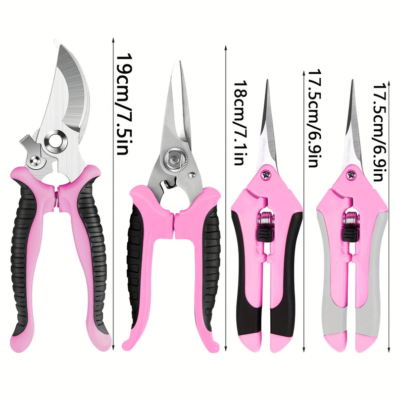 Juego de herramientas de podar manual con cuchillas de acero inoxidable, tijeras de jardinería profesionales rosadas para podar flores y jardinaje (4 piezas)
