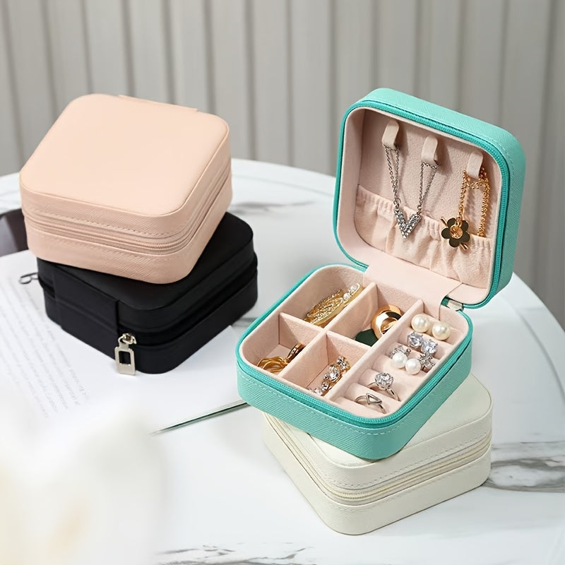 Estuche Elegante de Joyería Portátil en Piel Sintética para Mujeres - Organizador Compacto con Cierre de Cremallera, Compartimentos Múltiples para Anillos, Pendientes y Collares, Interior Forrado en Tela, Soporte para Aretes, Estilo Moderno, Construcción