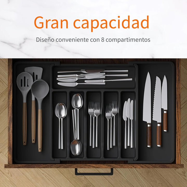 1 pieza, organizador de utensilios de cocina, bandeja expansible para tenedores, cuchillos y platos, soporte de cubiertos y vajilla sin BPA, caja de almacenamiento de plástico ajustable, adecuada para cucharas, tenedores y cuchillos.