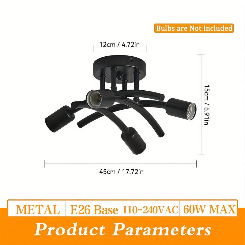 Aplique de Techo Semiempotrado Industrial de 4 Luces, Luminarias Modernas de Araña Sputnik, Apliques de Luz Industrial para Cocina, Aplique de Techo para Comedor y Pasillo, Base E26 E27 (Bombillas No Incluidas)