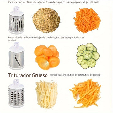 Rallador Rotativo para Queso y Cortador de Verduras - Mandolina de Cocina con 3 Cuchillas Intercambiables, Fácil de Limpiar para Frutas, Patatas, Zanahorias, Nueces