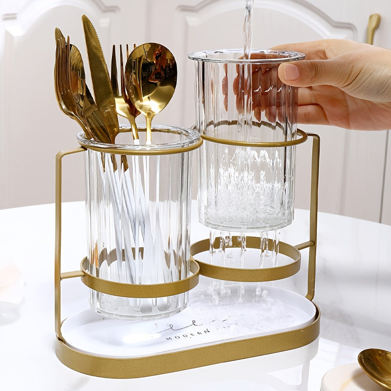 Porta Utensilios de Lujo Ligero | Soporte de Hierro + Bandeja Transparente PET para Cuchillos, Tenedores y Cucharas | Organizador de Encimera sin Taladro