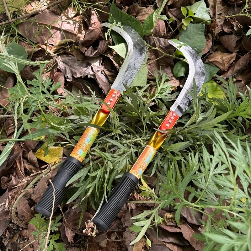 2 en 1 Cuchillo de Acero al Carbono y Guadaña para Cortar Hierba - Herramienta Manual Resistente para Agricultura, Jardinería y Cuidado del Césped - Mangos Ergonómicos, Sin Necesidad de Electricidad