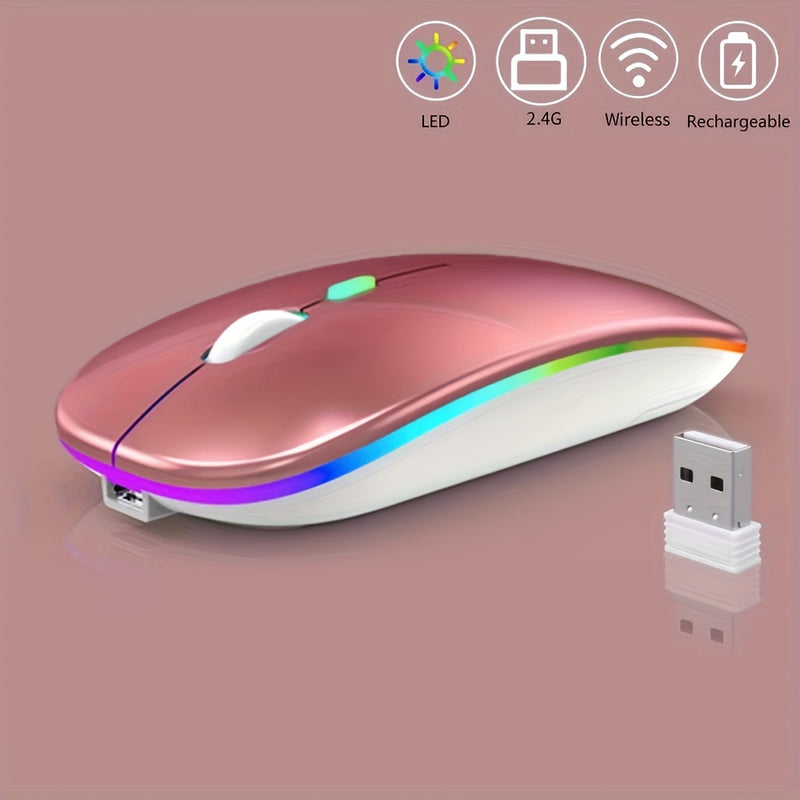 Ratón inalámbrico recargable, con luz LED, ergonómico y portátil, con función de doble modo 2.4G/5.0, botón silencioso, batería recargable incorporada, adecuado para ambas manos, estable y suave, baja latencia, apto para juegos, oficina y entretenimiento