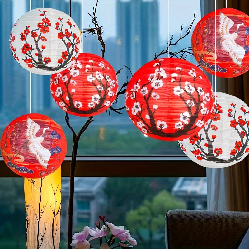 1pc/3pcs Linternas de papel chino de flor de cerezo y diseño de grulla, luces colgantes de patrón de cerezo japonés de 12 pulgadas, decoración de fiesta versátil para cumpleaños, inauguración de casa, confirmación - No necesita electricidad, sin plumas,