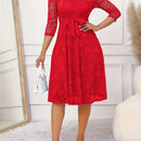 Vestido elegante con encaje floral, cinturón y dobladillo con volantes, cuello redondo y mangas 3/4, ideal para primavera y otoño, ropa de mujer