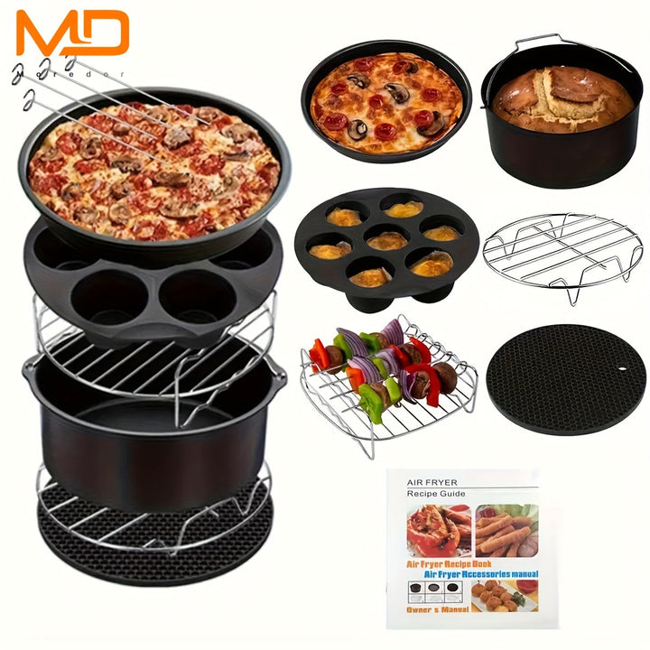 MOREDOR 11piezas/set 20.32 cm Accesorios para freidora de aire, Compatible con Universal 3.7QT - 6.8QT Freidora de aire profunda, Libre de BPA, Seguro para lavavajillas, Revestimiento antiadherente, Con libro de recetas
