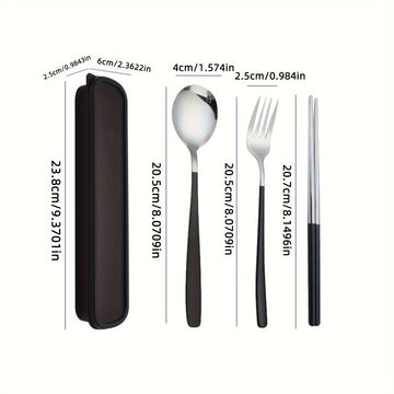 Juego de Cubiertos Portátiles de Acero Inoxidable de 4 Piezas - Duraderos, Resistentes al Óxido, Tenedores, Cucharas y Palillos con Estuche de Viaje - Ideal para Cenas de Bistec, Reuniones al Aire Libre, Camping, Senderismo, Picnics y Uso Diario