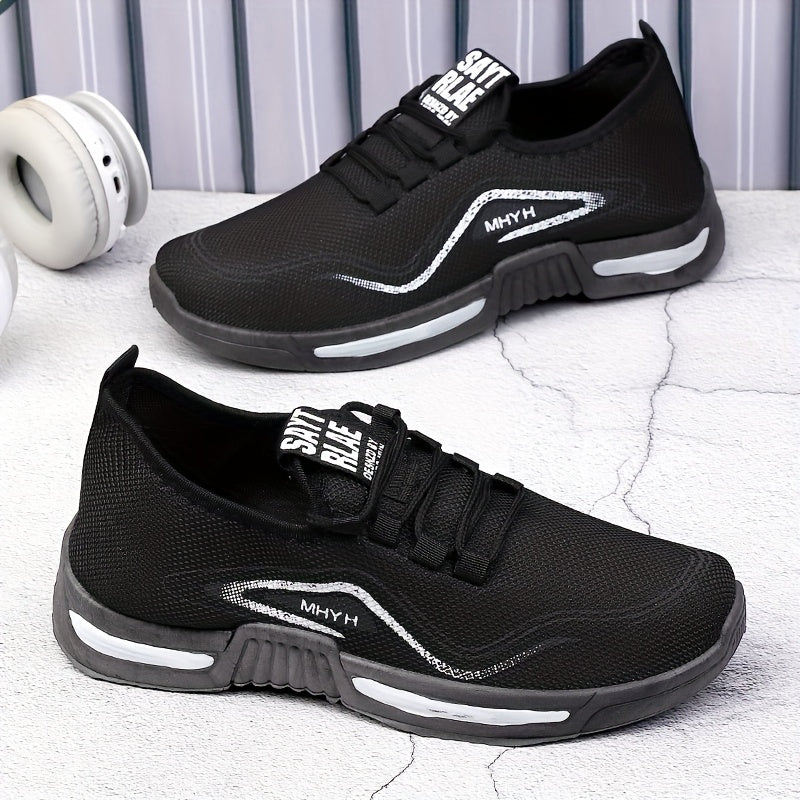 Zapatillas de Malla Transpirables para Hombres y Mujeres con Suela Antideslizante, Confort Acolchado & Cobertura Completa del Pie (39-44) - Zapatillas Bajas Ligeras para Senderismo, Gimnasio, Correr, Uso Casual - Diseño de Letras en Blanco/ y Bloques de