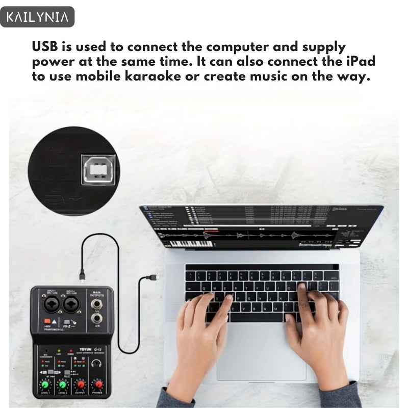KAILYNIA Interfaz de Audio Profesional Portátil de 2 Canales con Tarjeta de Sonido y Mezclador Mini USB para Guitarra, Estudio de Grabación y Canto - , Compatible con Portátiles, Multifuncional con Control de Ganancia y Modos de Salida, Configuración de