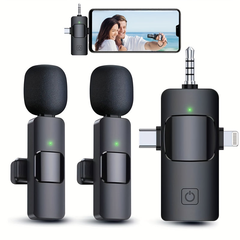 Micrófono inalámbrico lavalier mini de radio claro, 3 en 1, para iPhone, Android, cámara, computadora o laptop, con conexión USB-C/3.5mm, doble solapa, para grabación de video, vlog, transmisión en vivo, podcast, reuniones y enseñanza, sincronización aut
