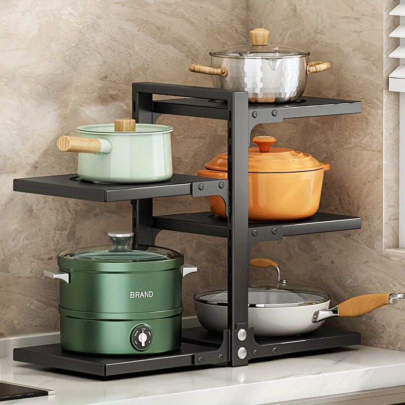 Estante de olla de acero inoxidable de 2 niveles, organizador de cocina ajustable para almacenamiento en encimera y debajo del fregadero, duradero y resistente a la corrosión, forma rectangular, soporte de olla montado en pared para uso en cocina hogareña
