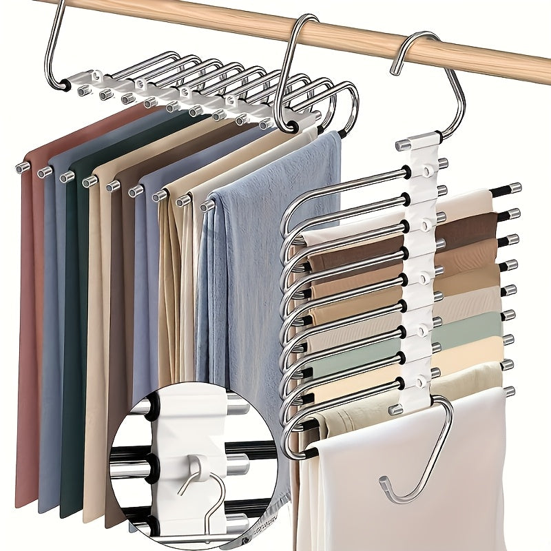 1 perchero de metal de 9 niveles con revestimiento antideslizante, diseño en acero inoxidable, incluye 5 ganchos, reduce el desorden hasta un 80%, ideal para jeans ajustados y vaqueros