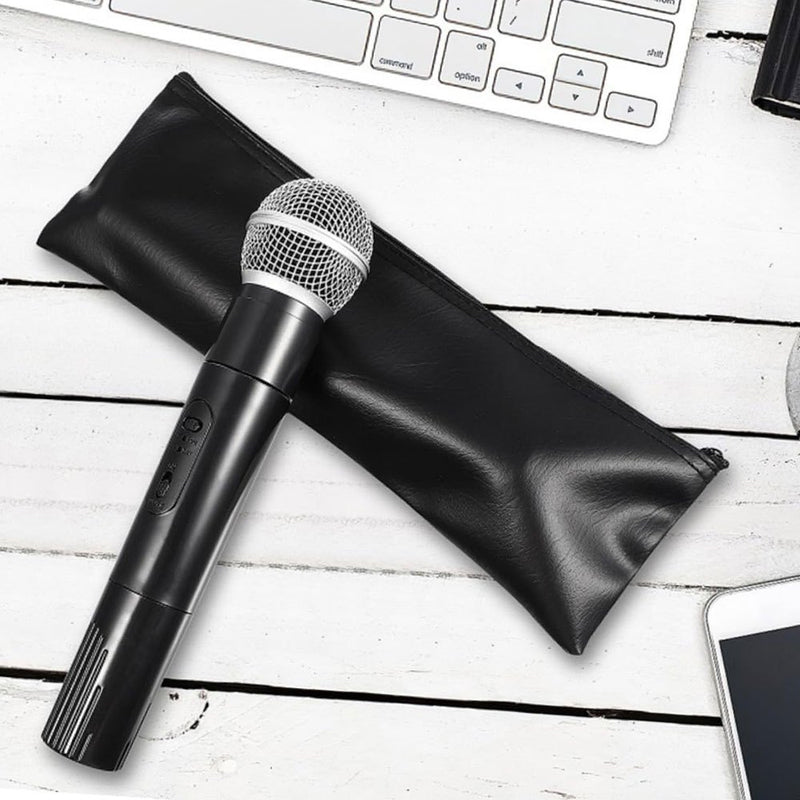 Bolsa de almacenamiento de micrófono de cuero sintético negro con cremallera - Estuche protector de choque para micrófonos inalámbricos y con cable, diseño compacto para un fácil transporte, estuche de almacenamiento de micrófono, cierre de cremallera se