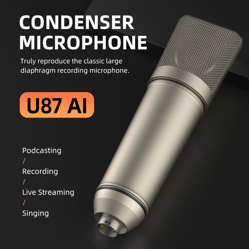 G-MARK U87ai Micrófono de Estudio Profesional Condensador - Micrófono USB Dorado con Soporte Antivibración y Filtro Anti-pop para Juegos, Transmisión en Vivo, Grabación Voz, Videollamadas - Diseño Ergonómico, Bajo Ruido, Compatible con Jack de Áudio de E