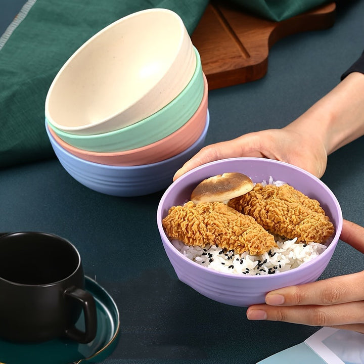 Juego de 4 piezas, Tazones de paja de trigo reutilizables, ovalados de 12 cm, seguros para microondas y resistentes a golpes, para uso en casa y al aire libre, perfectos para sopa, snacks, ensalada, cena, utensilios de cocina, patrón rayado, forma redond