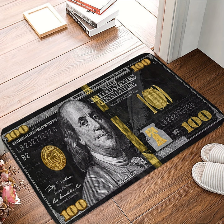 1pc, Alfombra antifatiga de poliéster con figura negra y dinero, alfombra suave y acogedora de 100 dólares, para entrada, alfombra de dormitorio, sala de estar, sala de lectura, alfombra de lavandería, pasillo.