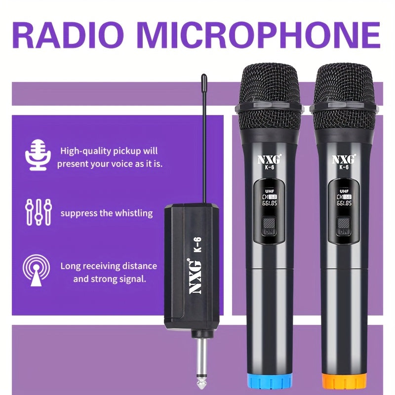 Micrófonos inalámbricos NXG K-6, micrófonos para karaoke, sistema dinámico de mano, receptor recargable, ideal para fiestas, iglesias, reuniones, bodas y escenarios, incluye 2 micrófonos
