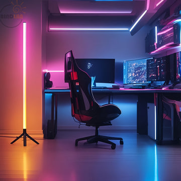 Lámpara de suelo inteligente RGB LED de esquina BINDLAN, lámpara de plástico independiente con control remoto + cable USB, inalámbrica, ideal para decoración de sala de estar, decoración de sala de estar | Decoración moderna | Lámpara alimentada por USB,