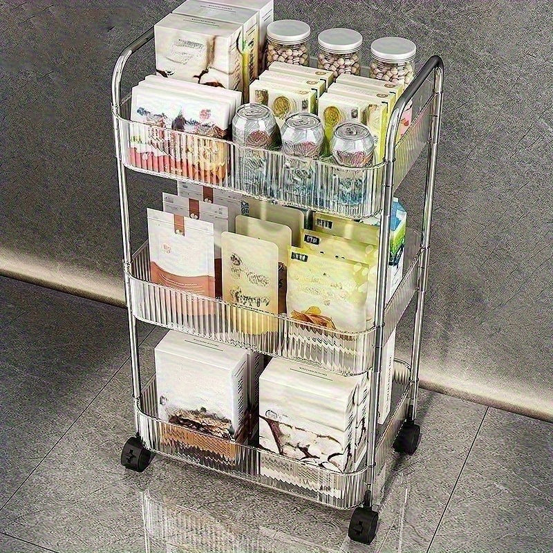 Carrito de almacenamiento acrílico giratorio de 3 niveles, ideal para baño, cocina y sala de estar, caja de pañuelos transparente multicapa con 3 marcos de aleación, diseño giratorio de 360°, carrito portátil, fácil acceso, construcción moderna en plásti