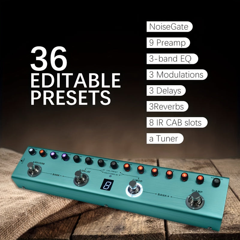 Pedal de efectos para guitarra M-VAVE TANK-G multifunción con supresor de ruido, 9 ranuras para preamplificador, ecualizador de 3 bandas, 3 modulaciones, 3 delays, 3 reverbs, 8 ranuras para cabinas IR, afinador, aplicación y software para PC, recargable