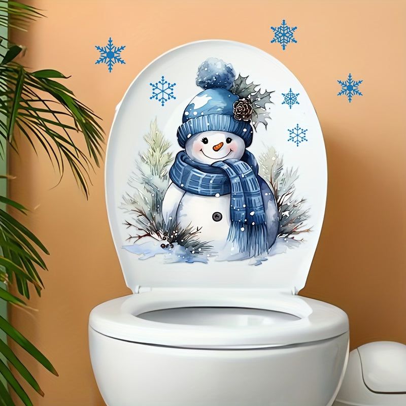 Conjunto de calcomanías de inodoro de Snowman de Navidad - Pégatina autoadhesiva de vinilo para baño con patrón de copo de nieve azul - Embellecimiento festivo reutilizable de tema Snowman para decoración de inodoro