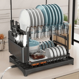 Estantería de platos de acero al carbono resistente de doble capa + tablero de drenaje, almacenamiento integrado! Dividido para platos/tablas de cortar/tazas, opciones negras y blancas, sostiene 6 tazas, adecuado para todas las estaciones.